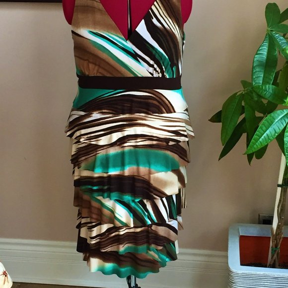 Frank Lyman Design Vibrant Brown/Green/Cream Abstract Ruffle Print Dress/Size 14 - Picture 1 of 8